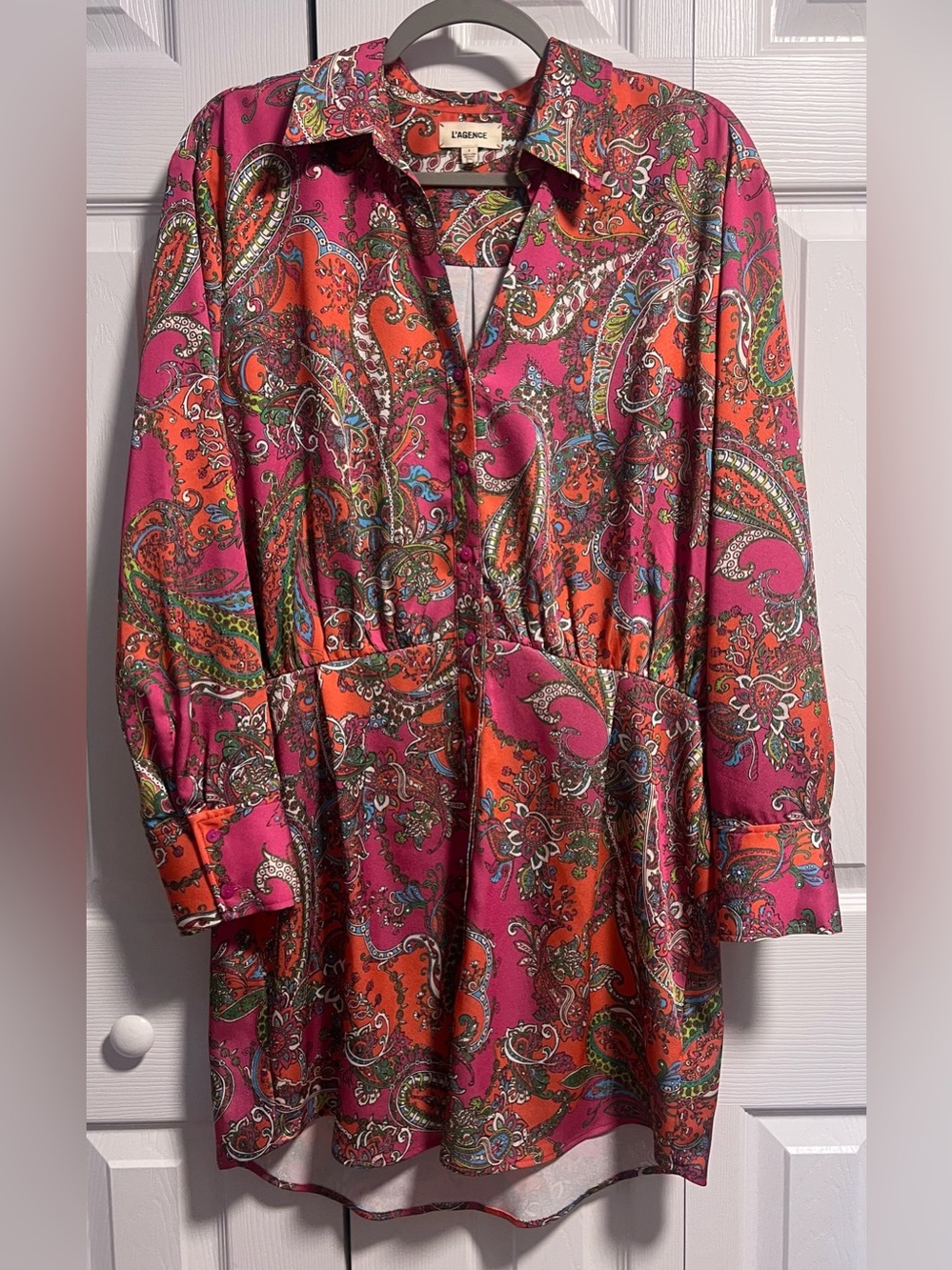 L'Agence Demetria Mini Shirtdress in Pink/Orange Paisley Print